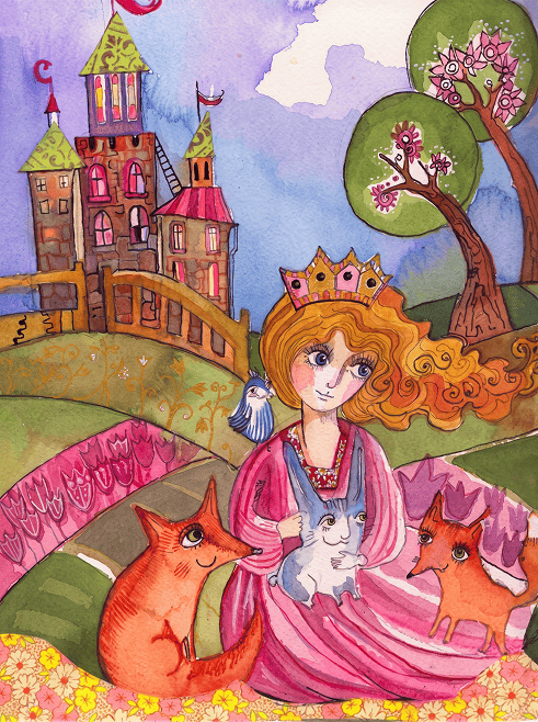 Watercolor illustration of a princess with animals