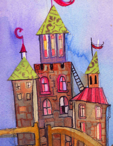 Watercolor illustration of a whimsical castle